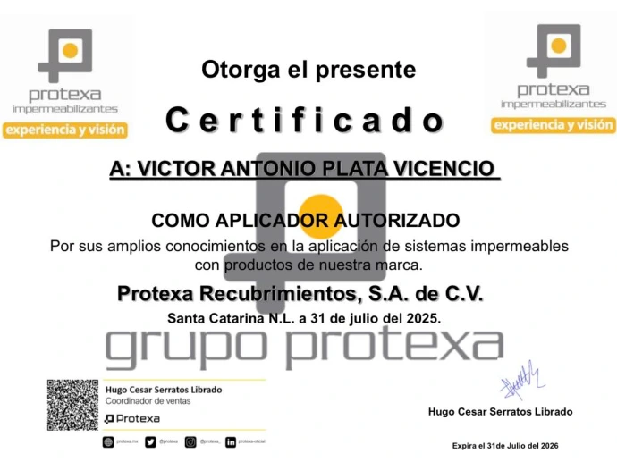 certificado de mano de obra para la aplicación de impermeabilizante